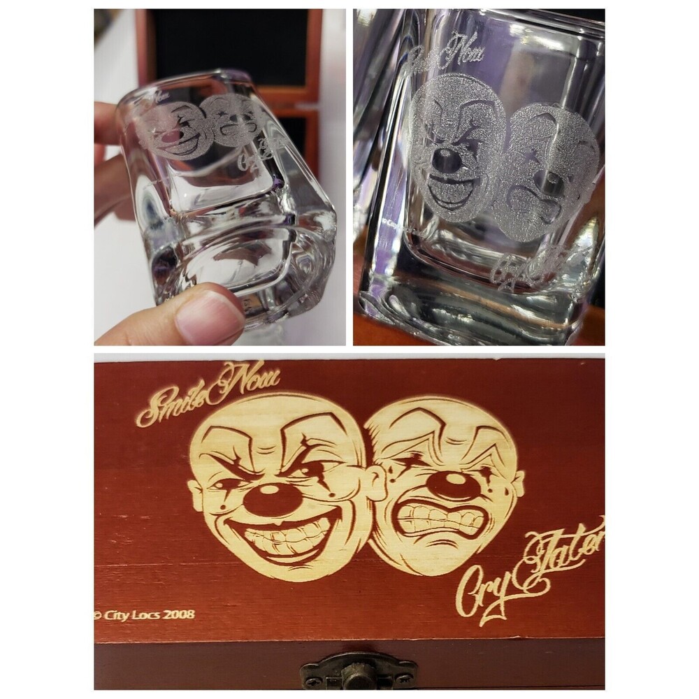 Shot Glasses- Set Of 2 - Theater Masks Comedy Tragedy "Smile Now, Cry Later"